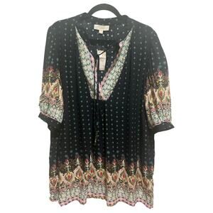 Weekend Suzanne Betro Women's Boho Tunic 1X Elbow Flounce Notch Neck Paisley NWT